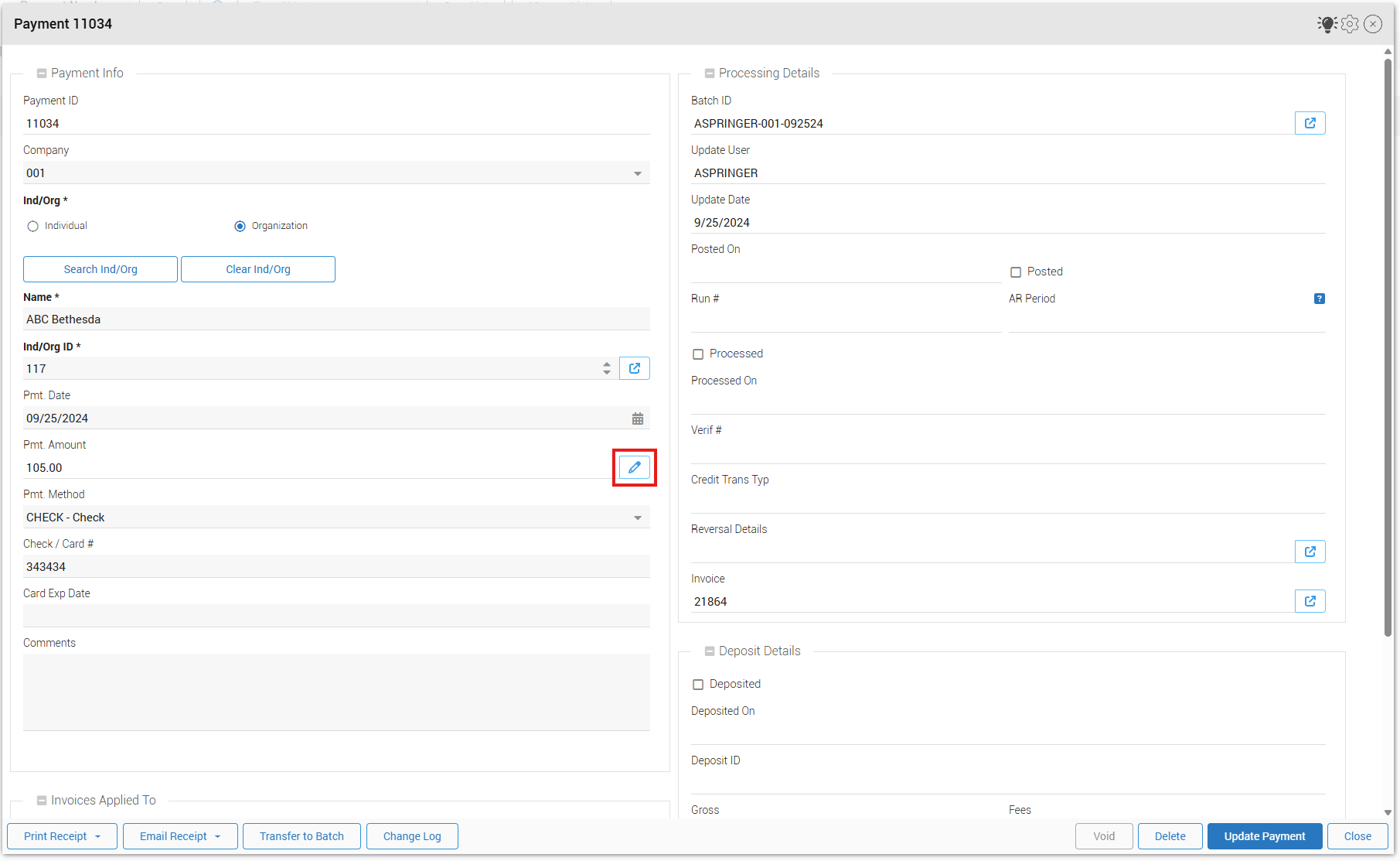 Edit Payment Amount Window